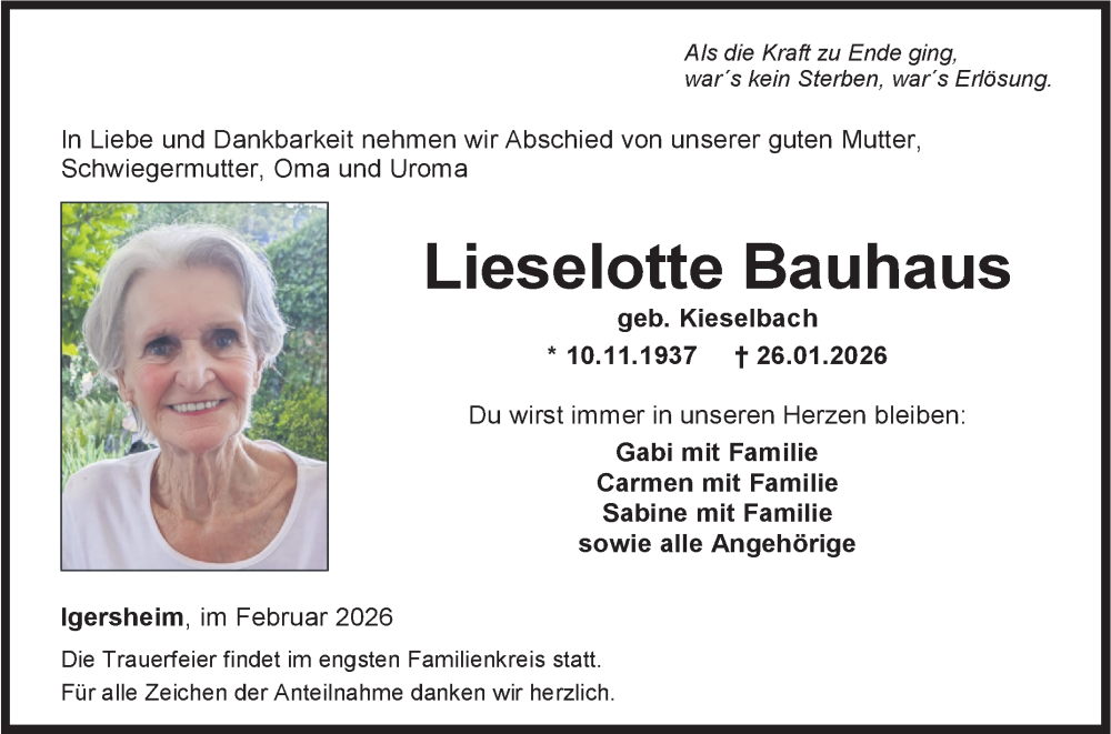  Traueranzeige für Lieselotte Bauhaus vom 03.02.2026 aus Fränkische Nachrichten