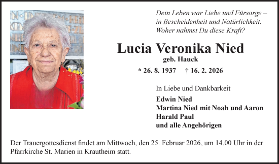 Traueranzeige von Lucia Veronika Nied von Fränkische Nachrichten