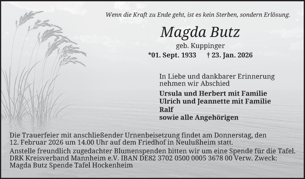  Traueranzeige für Magda Butz vom 07.02.2026 aus Schwetzinger Zeitung