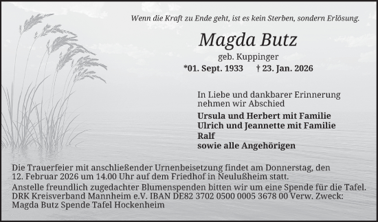 Traueranzeige von Magda Butz von Schwetzinger Zeitung