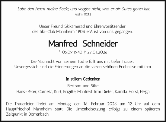Traueranzeige von Manfred Schneider von Mannheimer Morgen