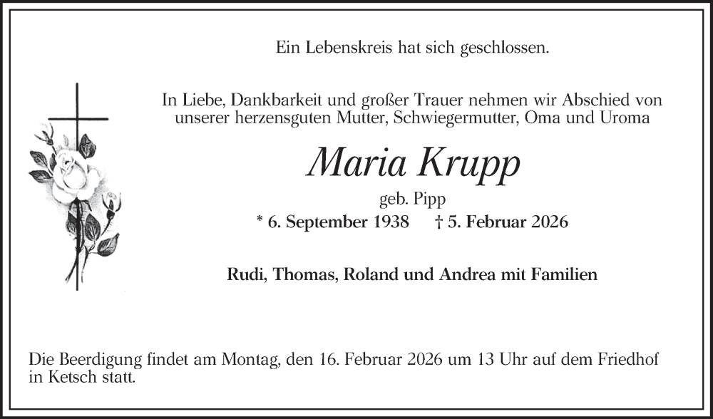  Traueranzeige für Maria Krupp vom 07.02.2026 aus Schwetzinger Zeitung
