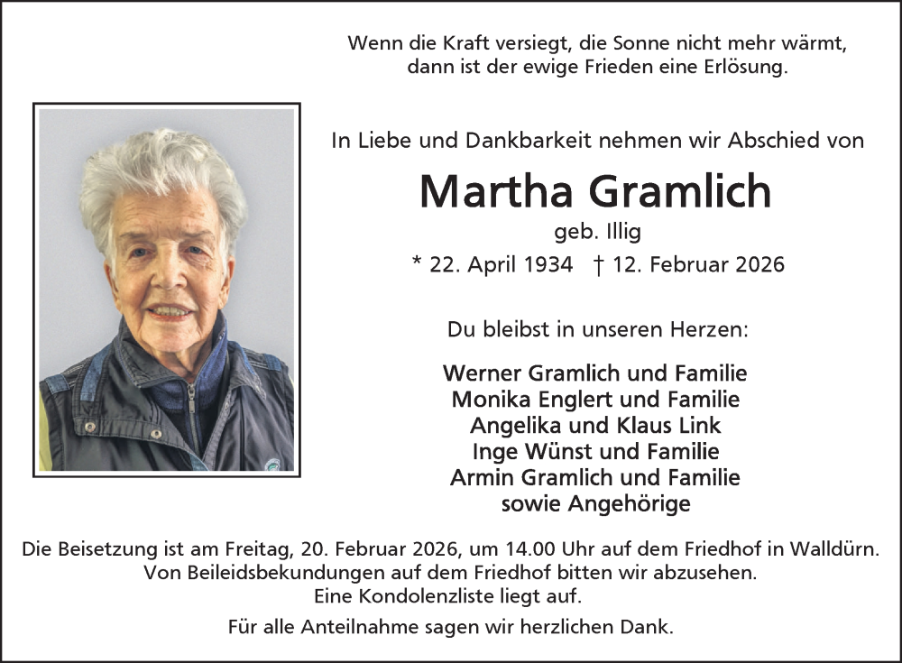  Traueranzeige für Martha Gramlich vom 18.02.2026 aus Fränkische Nachrichten
