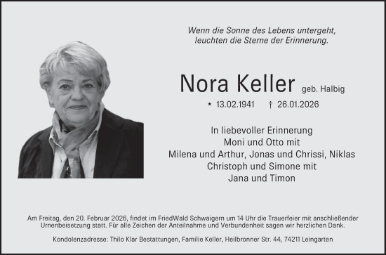 Traueranzeige von Nora Keller von Fränkische Nachrichten