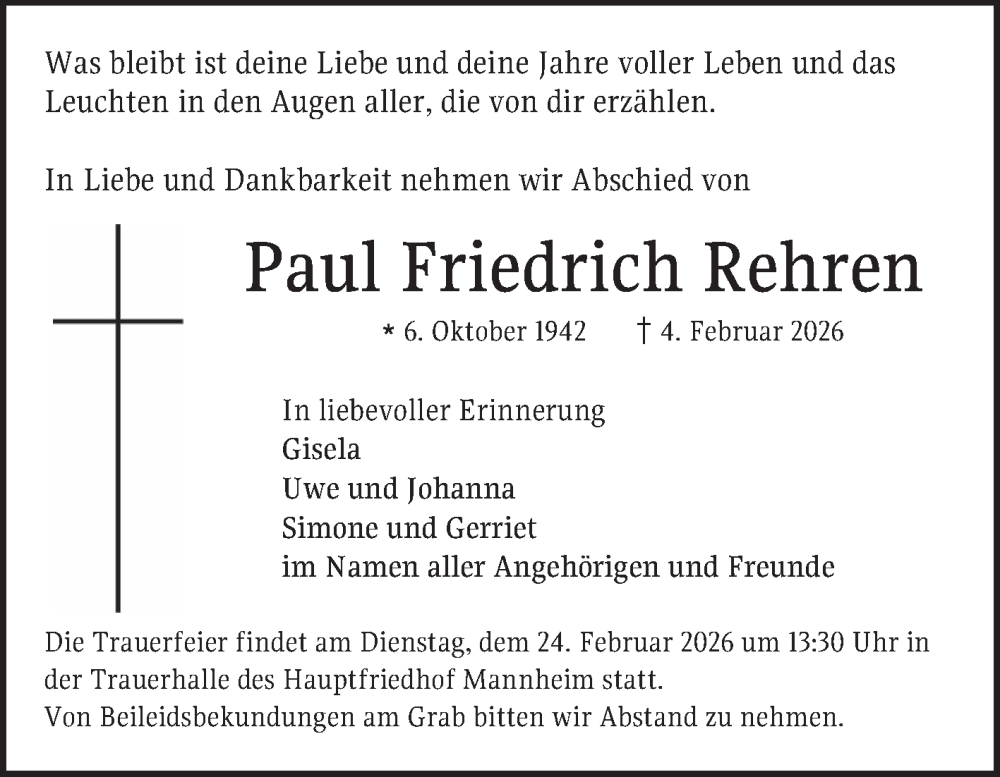  Traueranzeige für Paul Friedrich Rehren vom 14.02.2026 aus Mannheimer Morgen