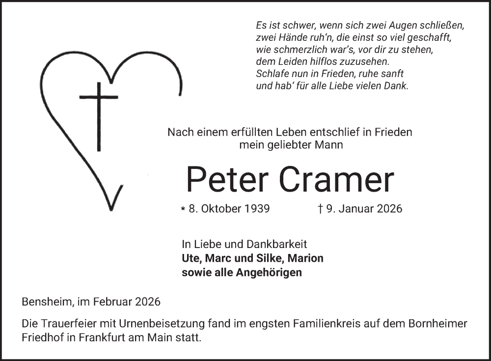  Traueranzeige für Peter Cramer vom 14.02.2026 aus Bergsträßer Anzeiger