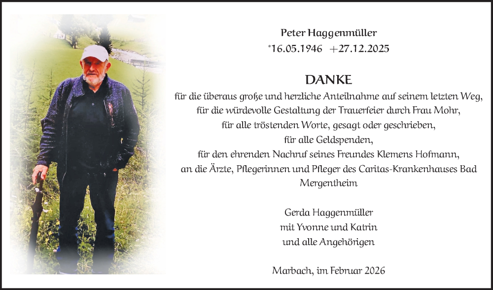  Traueranzeige für Peter Haggenmüller vom 06.02.2026 aus Fränkische Nachrichten
