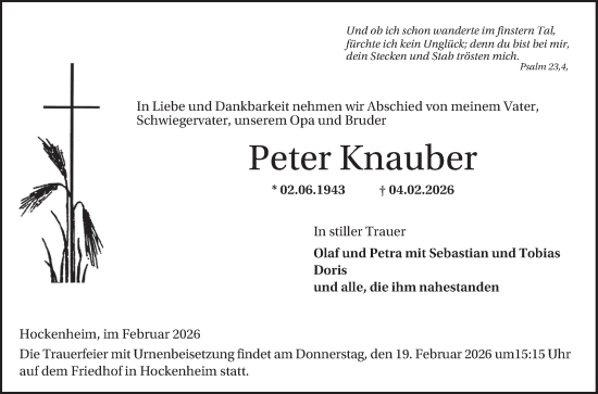 Traueranzeige von Peter Knauber von Schwetzinger Zeitung