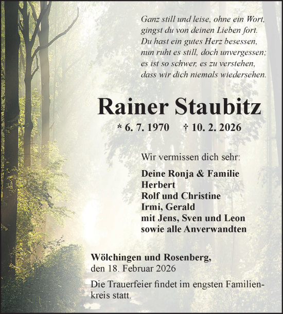Traueranzeige von Rainer Staubitz von Fränkische Nachrichten
