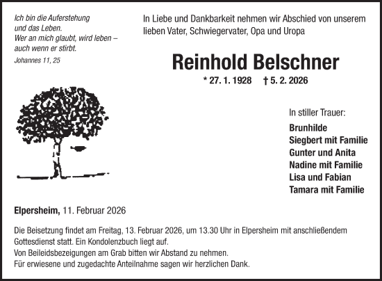 Traueranzeige von Reinhold Belschner von Fränkische Nachrichten