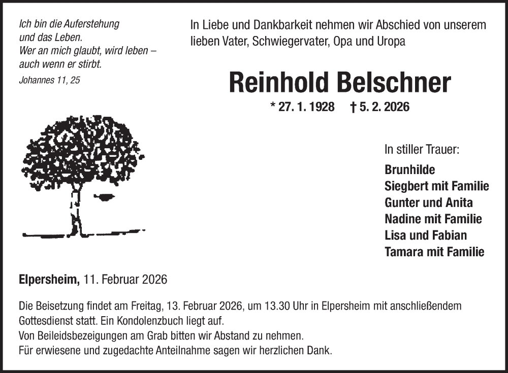  Traueranzeige für Reinhold Belschner vom 11.02.2026 aus Fränkische Nachrichten