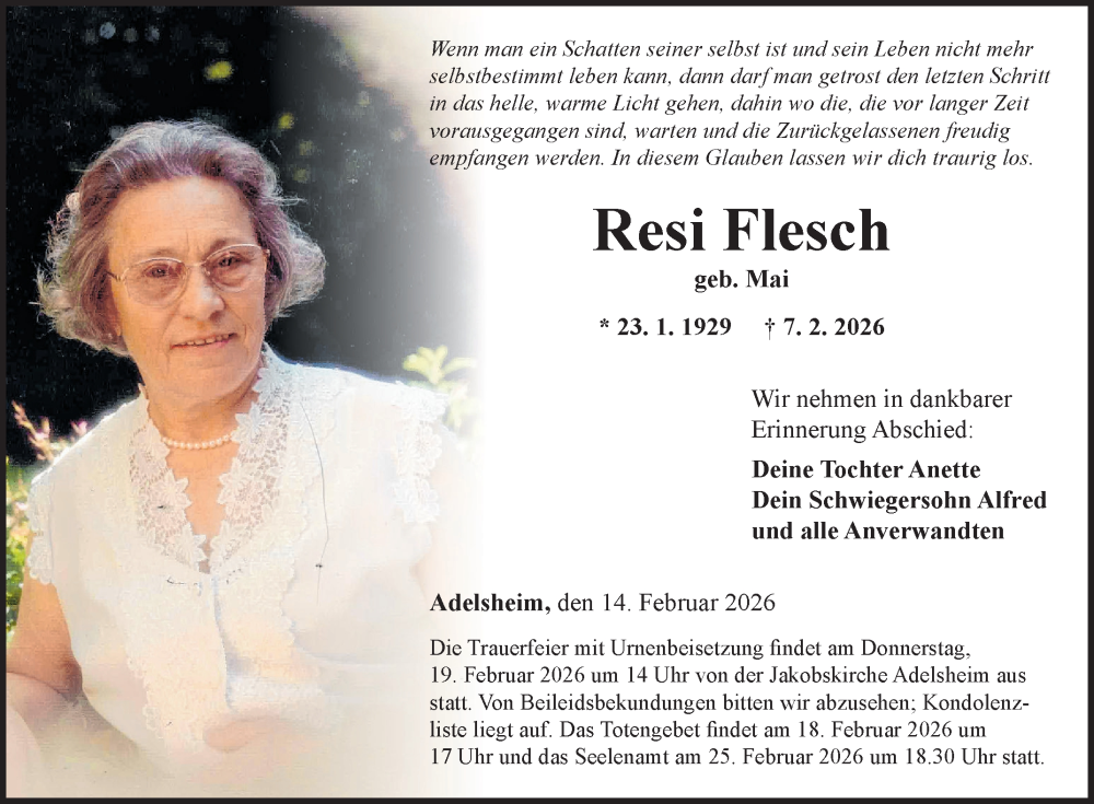  Traueranzeige für Resi Flesch vom 14.02.2026 aus Fränkische Nachrichten