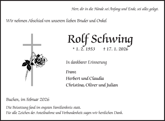 Traueranzeige von Rolf Schwing von Fränkische Nachrichten