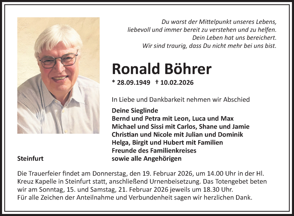  Traueranzeige für Ronald Böhrer vom 14.02.2026 aus Fränkische Nachrichten