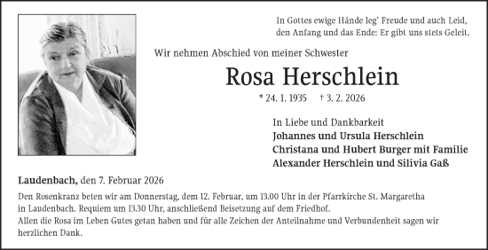 Traueranzeige von Rosa Herschlein von Fränkische Nachrichten