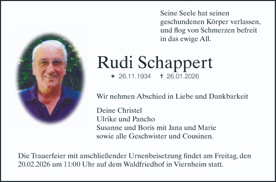Traueranzeige von Rudi Schappert von Mannheimer Morgen