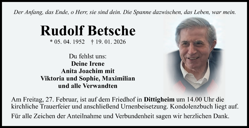  Traueranzeige für Rudolf Betsche vom 21.02.2026 aus Fränkische Nachrichten