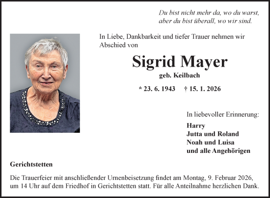 Traueranzeige von Sigrid Mayer von Fränkische Nachrichten