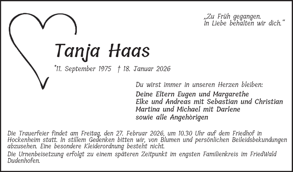  Traueranzeige für Tanja Haas vom 21.02.2026 aus Schwetzinger Zeitung