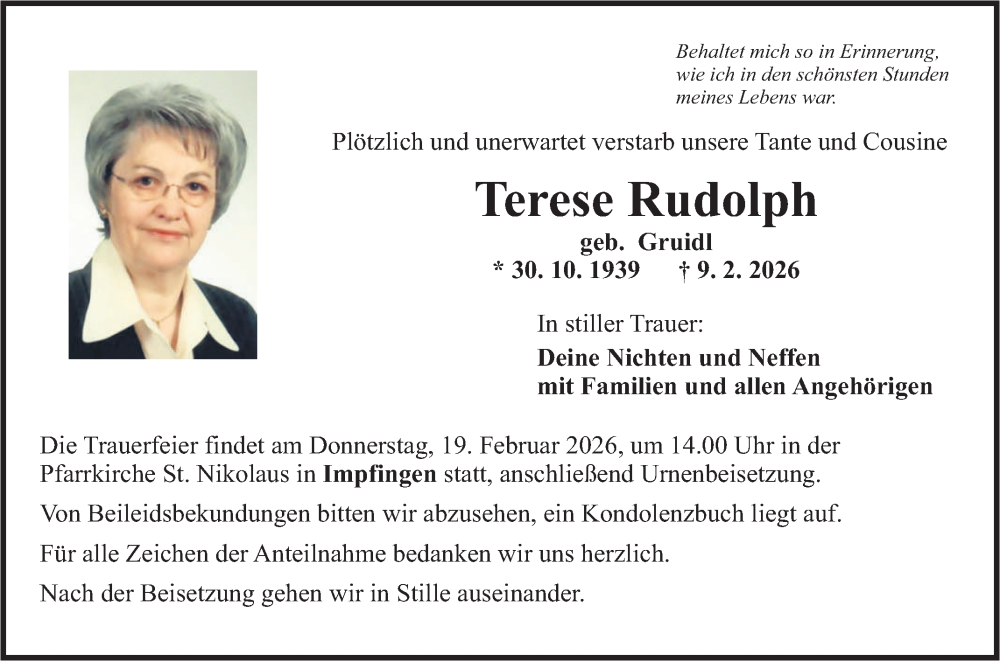 Traueranzeige für Terese Rudolph vom 14.02.2026 aus Fränkische Nachrichten