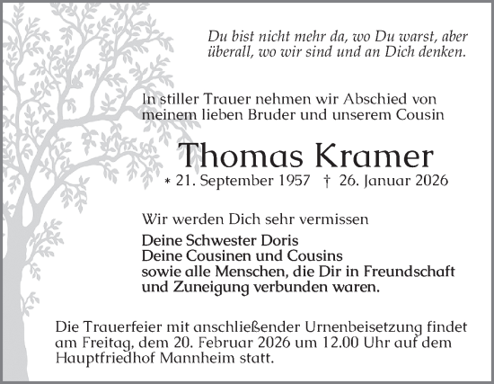 Traueranzeige von Thomas Kramer von Mannheimer Morgen