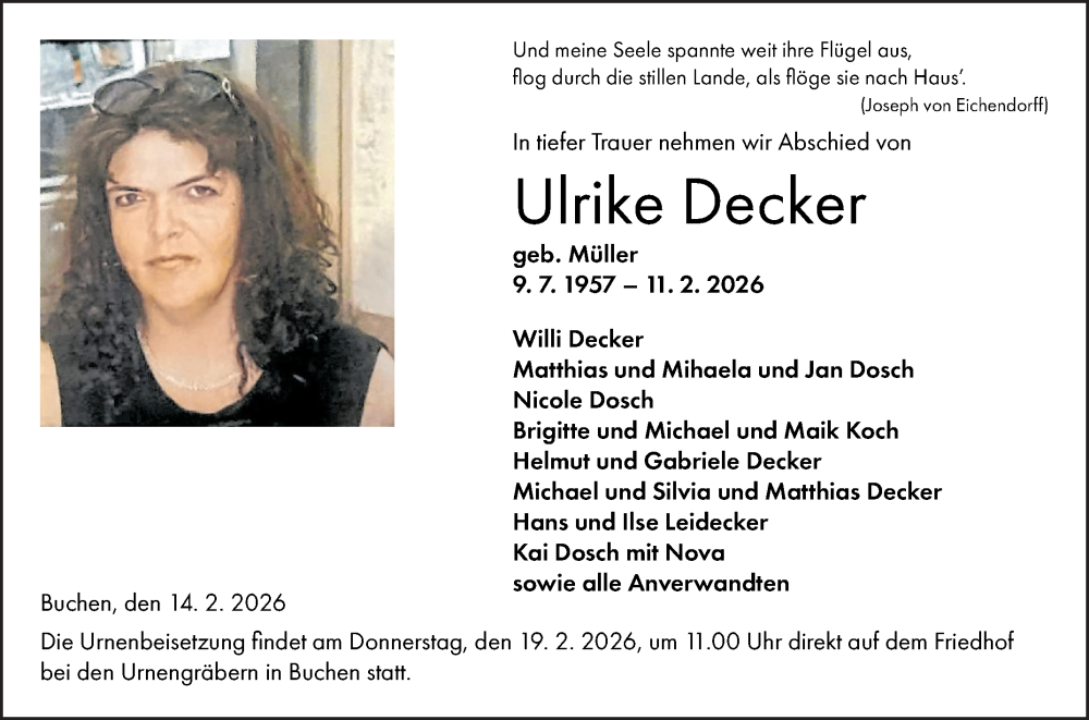  Traueranzeige für Ulrike Decker vom 14.02.2026 aus Fränkische Nachrichten