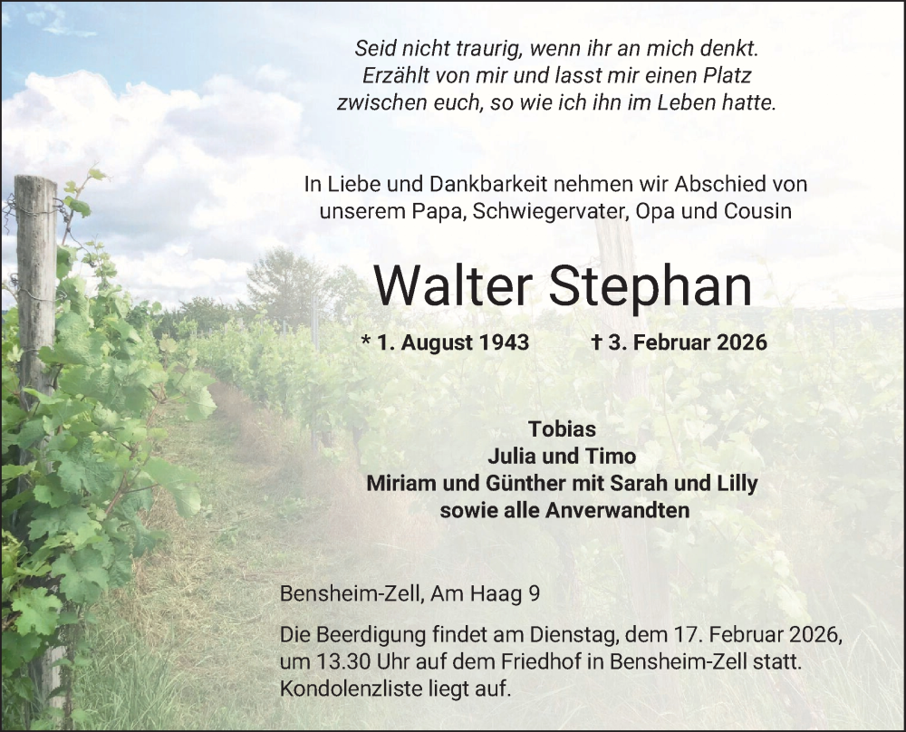  Traueranzeige für Walter Stephan vom 14.02.2026 aus Bergsträßer Anzeiger