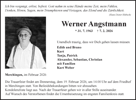 Traueranzeige von Werner Angstmann von Fränkische Nachrichten