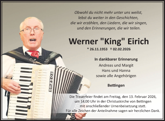 Traueranzeige von Werner Eirich von Fränkische Nachrichten