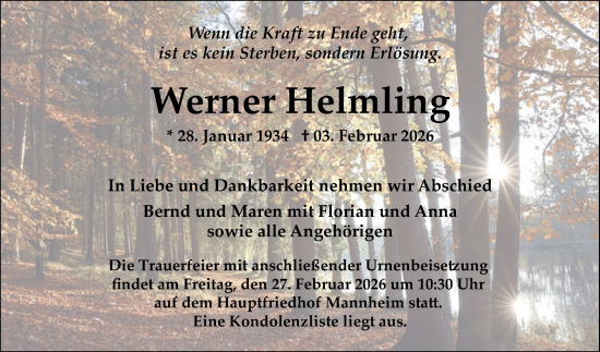 Traueranzeige von Werner Helmling von Mannheimer Morgen