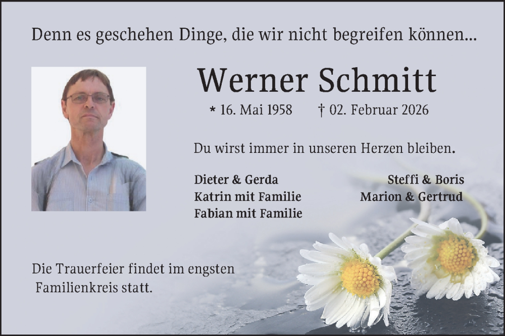  Traueranzeige für Werner Schmitt vom 11.02.2026 aus Fränkische Nachrichten